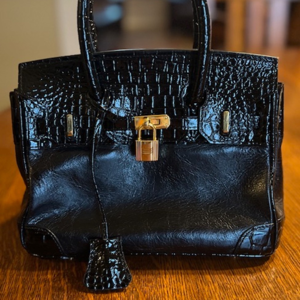 Lalo Custom Italian Black Alligator Embossed Detail Patent Leather Bag